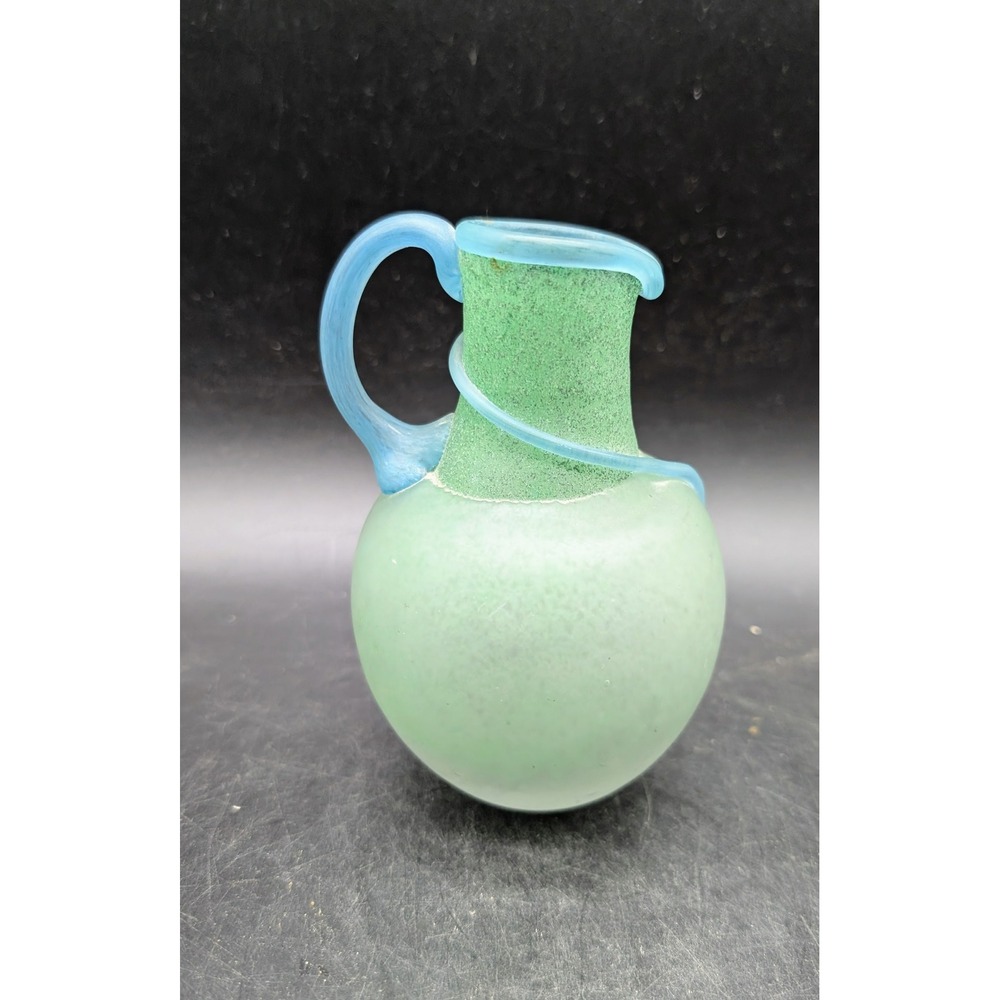 Kosta Boda Monica Backstrom Art Glass Pitcher Frosted Green Blue Applied Handle